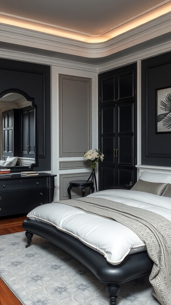 A stylish dark feminine bedroom featuring matte black furniture with feminine curves, including a dresser and nightstand.