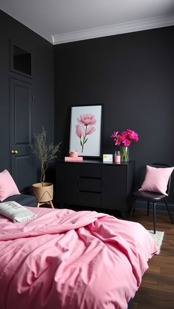 A stylish bedroom featuring matte black furniture and soft pink accessories, creating a chic and inviting atmosphere.