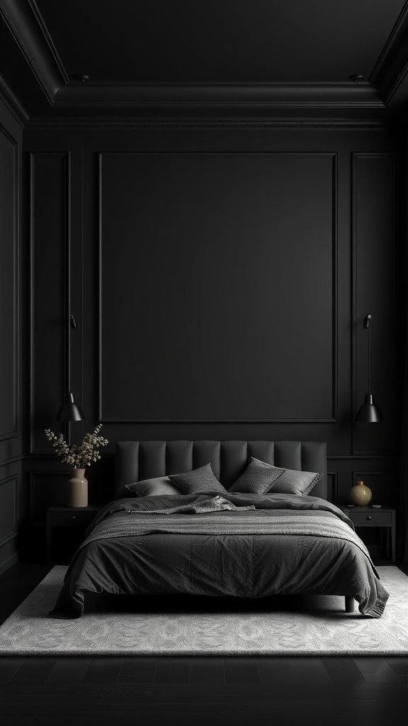 A cozy bedroom featuring matte black walls and matching trim, with a plush bed and warm lighting.