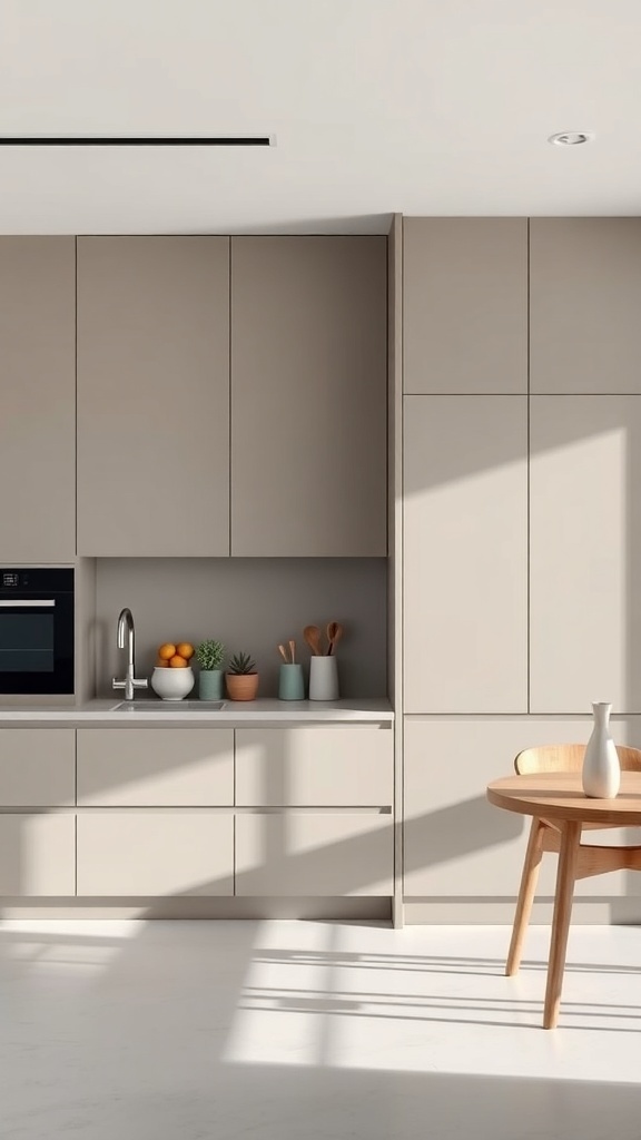 A modern kitchen featuring matte cashmere cabinets, a sink, and a wooden table with potted plants.