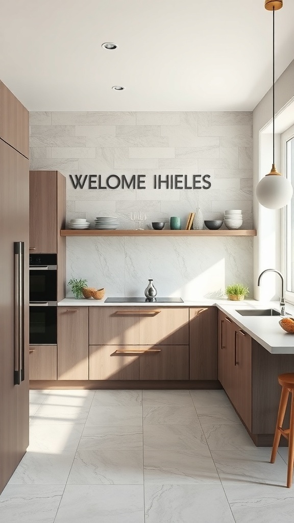A modern kitchen featuring matte ceramic tiles as a backsplash, complemented by wooden cabinets and a bright atmosphere.