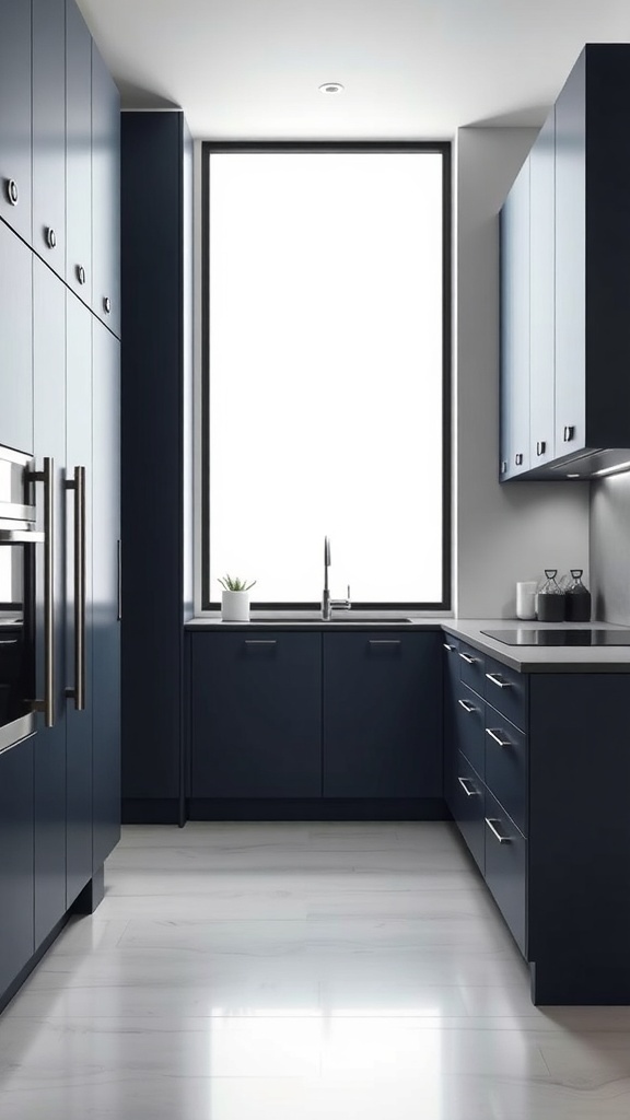 Modern kitchen with matte dark blue cabinets and sleek design.