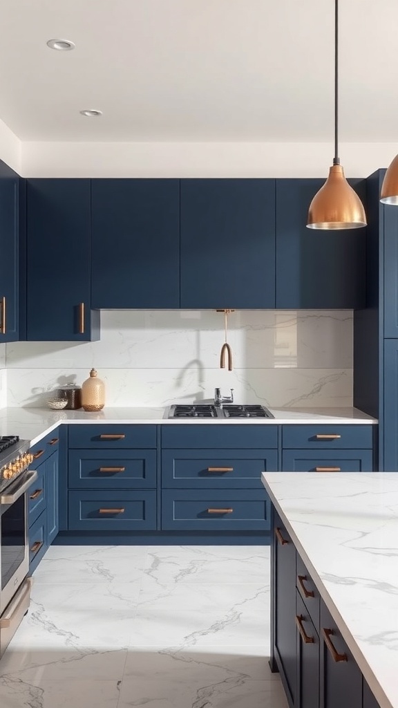 A modern kitchen featuring matte indigo cabinets and marble countertops, with warm metallic accents.