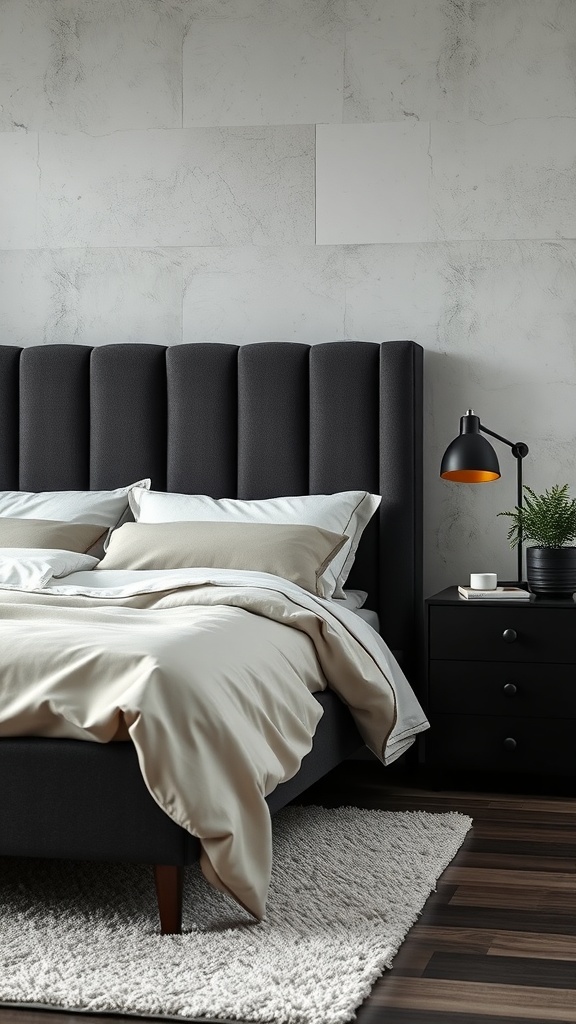A stylish bedroom featuring a dark plush headboard, soft bedding, a matte black nightstand, and a warm lamp, showcasing Japandi design.