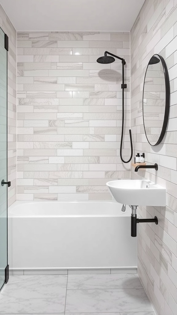 A modern bathroom with matte tiles, featuring a bathtub, shower, and sink.