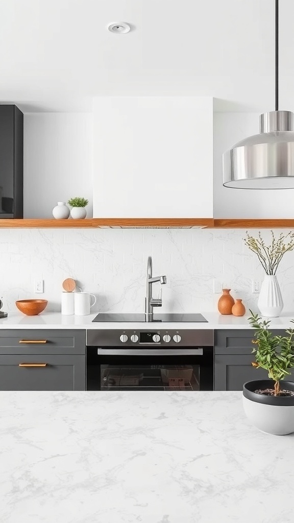 A modern kitchen featuring a matte white terrazzo countertop, dark cabinetry, and warm wooden accents.