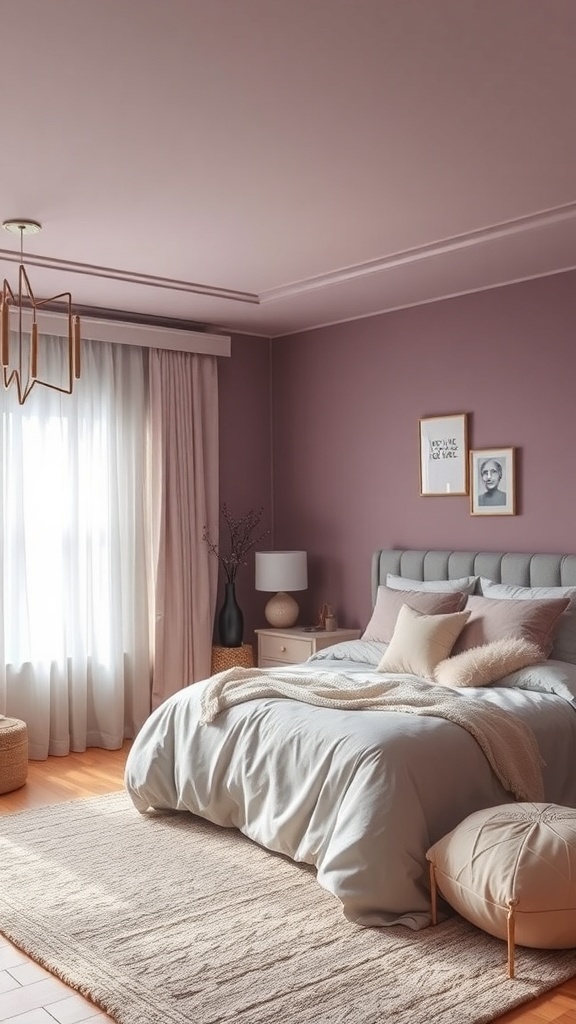 A tranquil mauve bedroom featuring soft lighting, a light bedspread, and elegant decor.