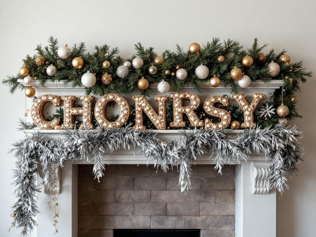 A festive mantel decorated with greenery, shiny ornaments, and the letters 'CHONRSY'.