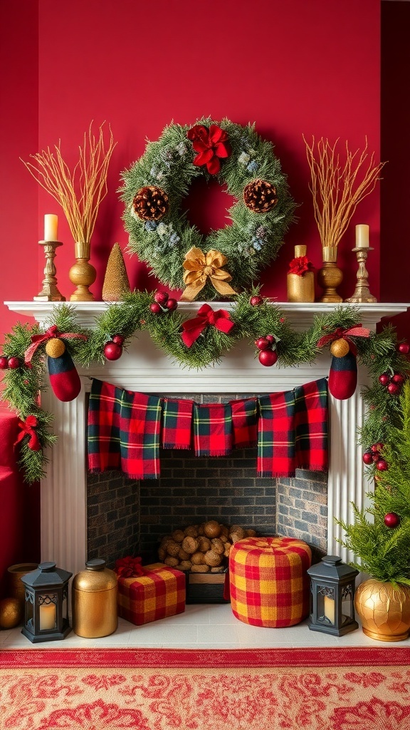 A festive fireplace decorated with a green wreath, plaid accents, and gold ornaments against a red wall.