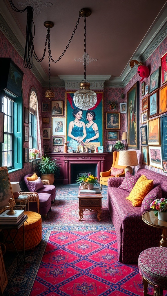 A vibrant maximalist living room filled with colorful decor, art, and eclectic furnishings.