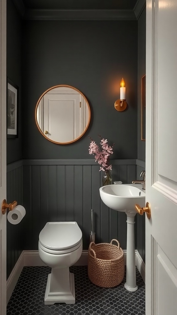 A stylish tiny powder room featuring dark walls, a round mirror, and elegant lighting.