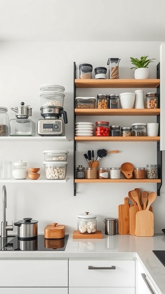 A modern kitchen with vertical shelves displaying organized containers, utensils, and plants.