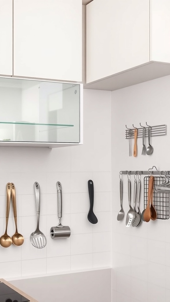 A small kitchen with white cabinets and hanging utensils on a wall-mounted rack.