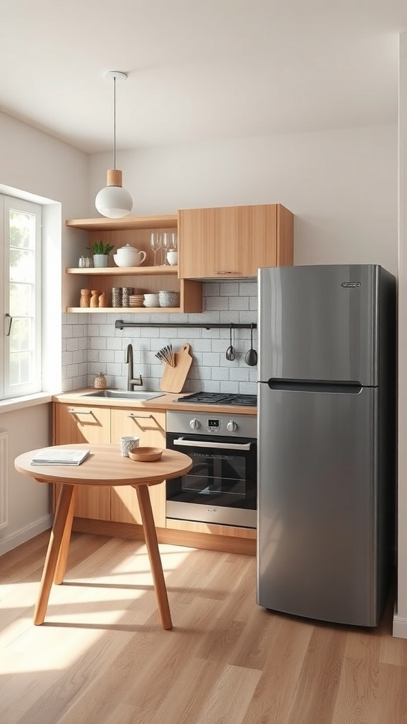 A compact kitchen featuring light wood cabinetry, a gray refrigerator, and a round table, showcasing a stylish and functional design.