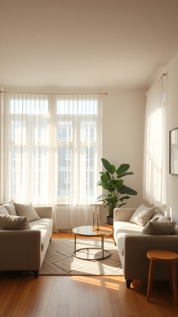 Bright and airy small living room with sheer curtains and plants