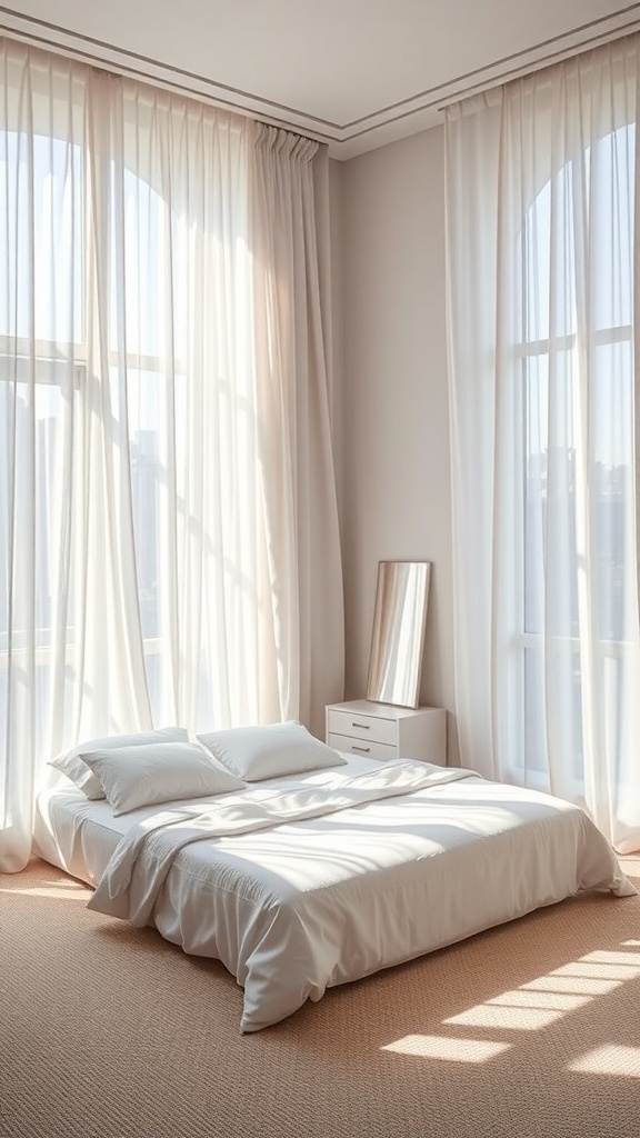 A bright bedroom with sheer curtains allowing natural light to flow in, featuring a simple bed and a mirror.