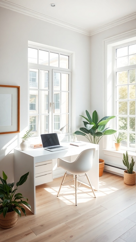 Bright home office with large windows, a white desk, and plants, maximizing natural light.