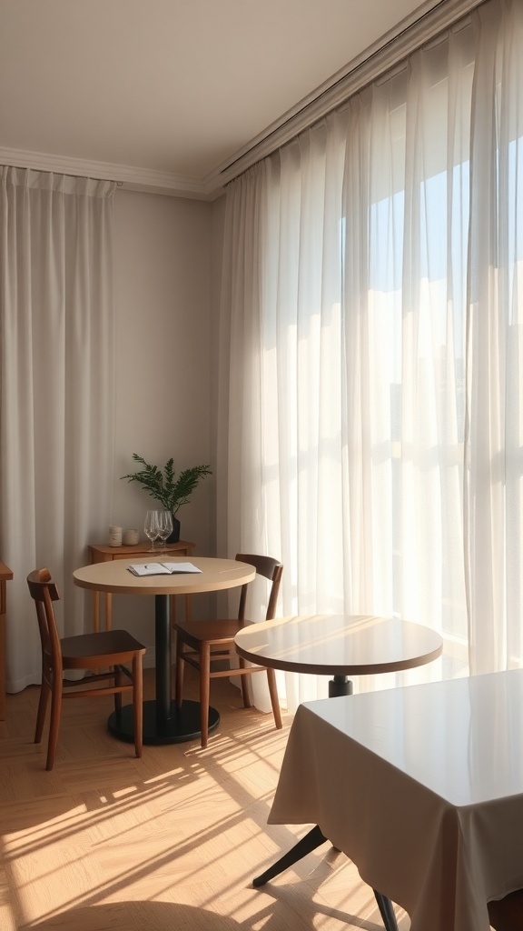 A small dining room with light curtains allowing natural light to fill the space.