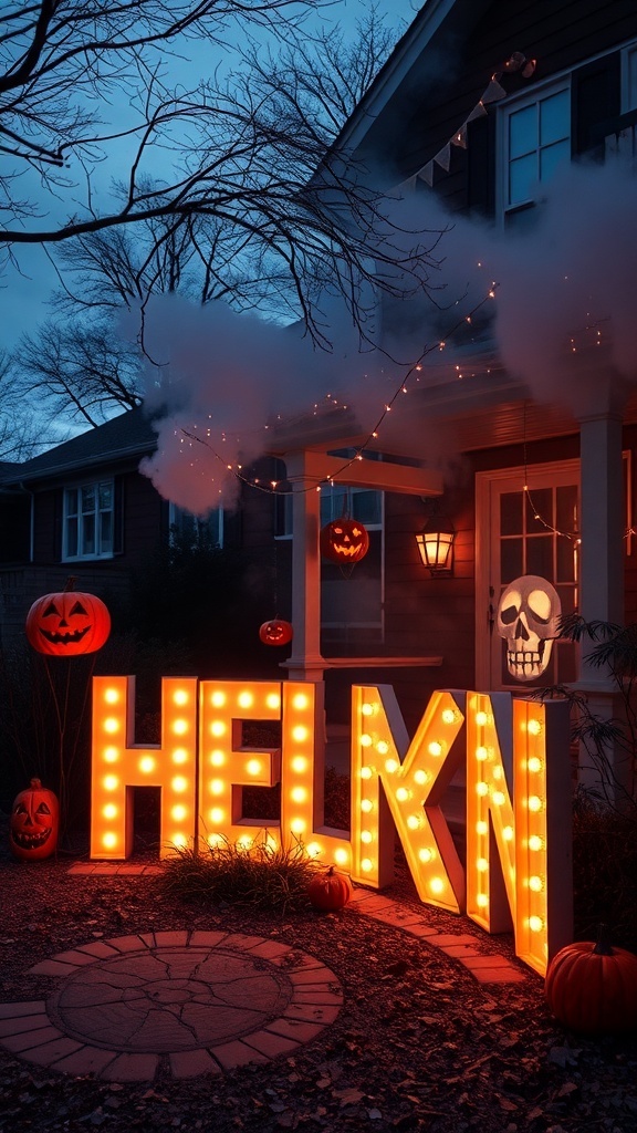A spooky Halloween outdoor decor setup featuring illuminated letters, pumpkins, and fog.