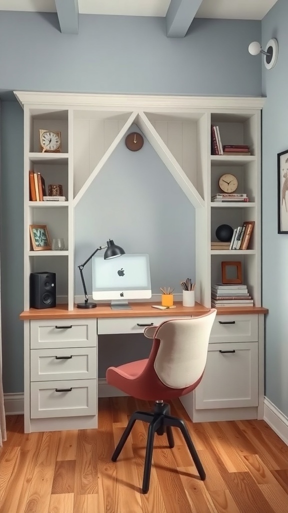 A stylish triangular desk nook with built-in shelves, a computer, and a comfortable chair.