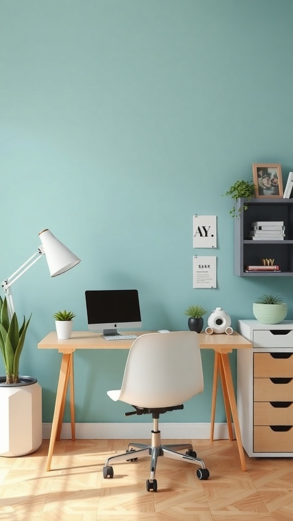 A cozy and functional student desk setup in a small uni room with a light blue wall, wooden desk, and plants.