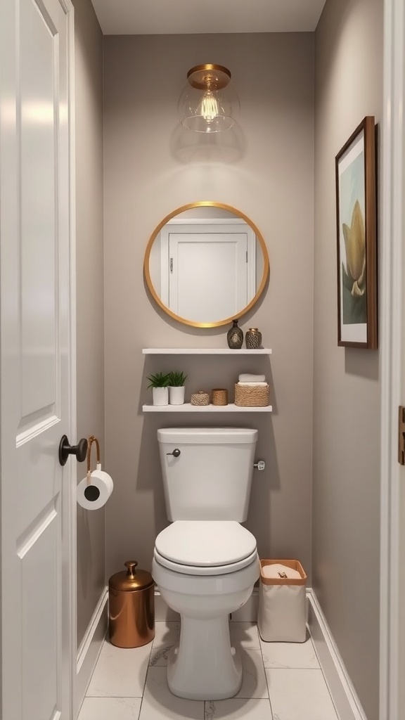 A stylish small bathroom featuring wood cabinetry, gold hardware, geometric wallpaper, floating shelves, and modern lighting.