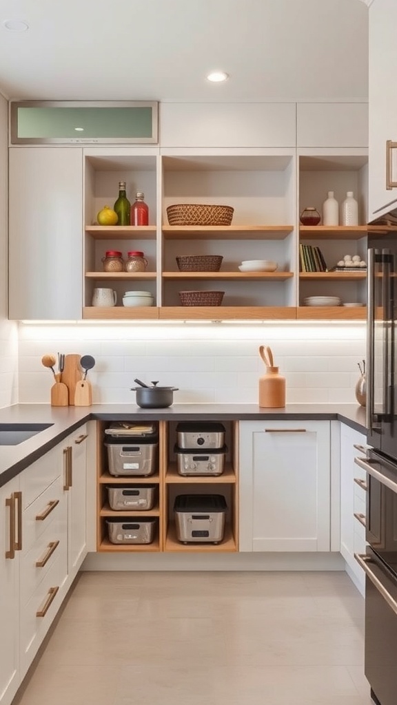A modern kitchen featuring open shelving and organized storage solutions.