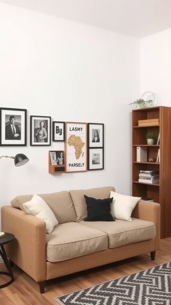 A cozy studio apartment featuring a click-clack sofa bed, decorative pillows, wall art, and a bookshelf.