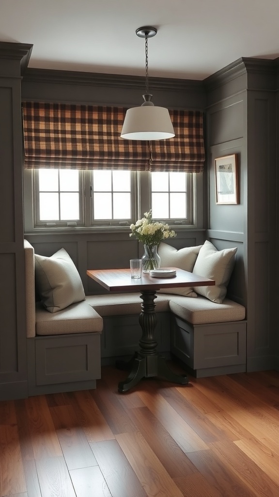 Cozy built-in banquette seating in a dining room corner with a small table and cushions.