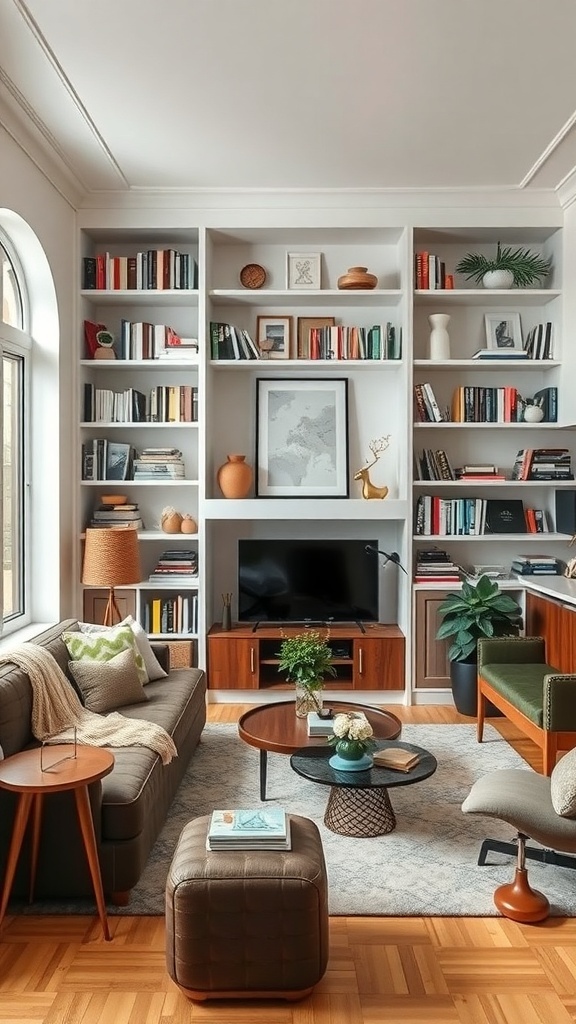 A small living room featuring built-in shelving, a floating TV unit, and cozy textiles.