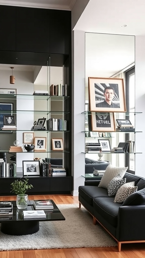 A modern living room featuring floating glass shelves with decorative items and books.