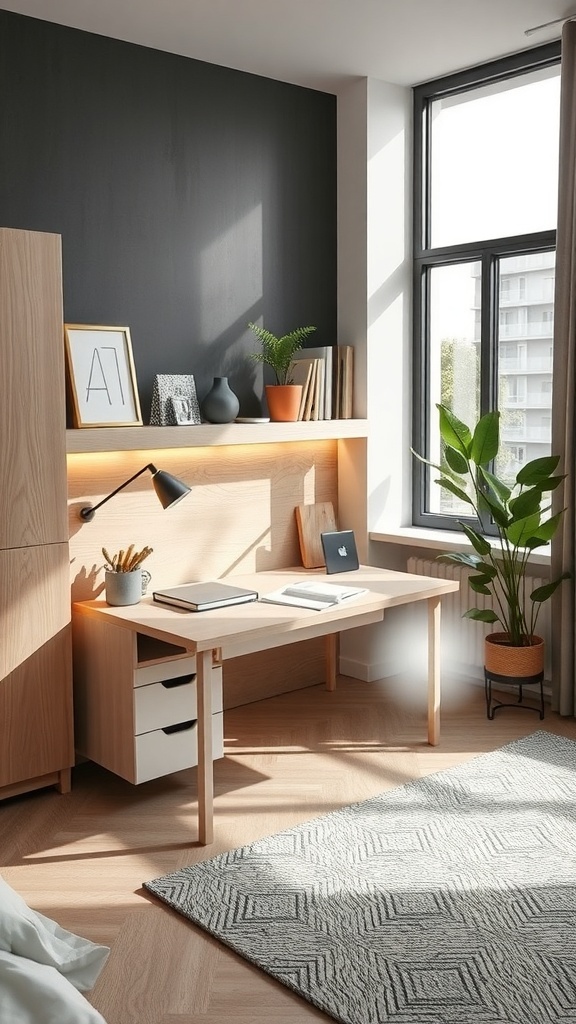 A bright and modern office space featuring a wooden desk, storage drawers, a wall-mounted shelf, and a potted plant.