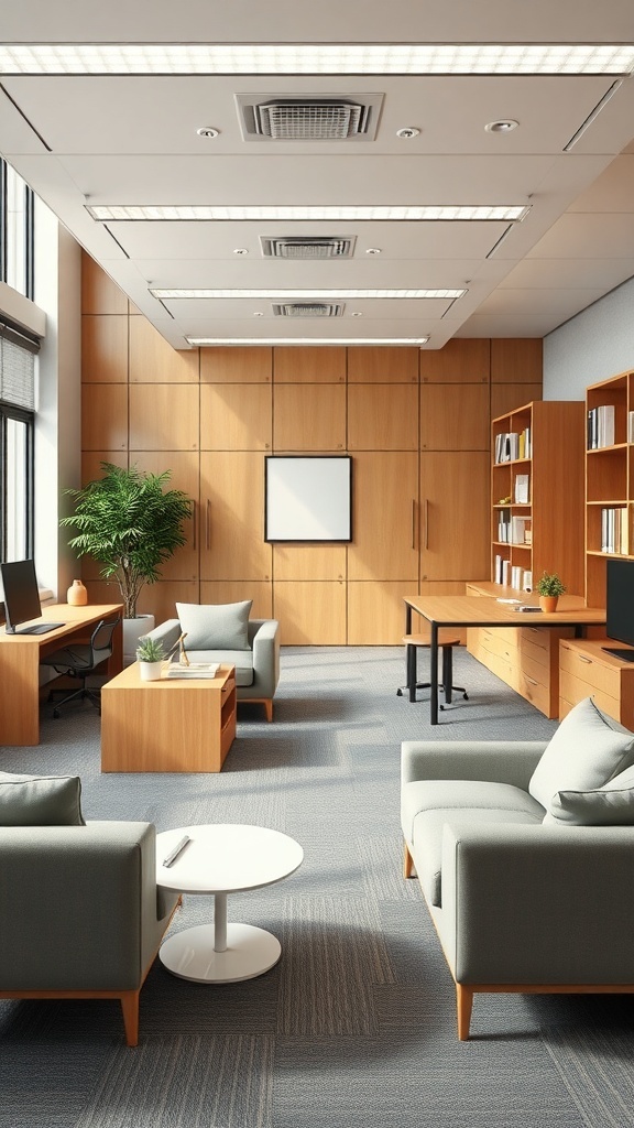 A modern university room design featuring smart furniture arrangement, natural light, and greenery.