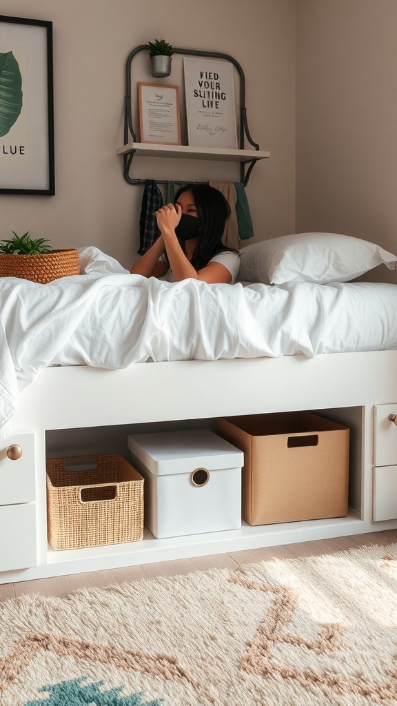 A cozy dorm room with under-bed storage featuring stylish boxes and a neatly made bed.