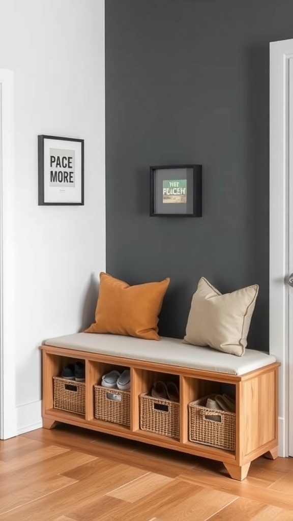 A stylish multifunctional bench in a small entryway with storage baskets underneath and decorative pillows on top.