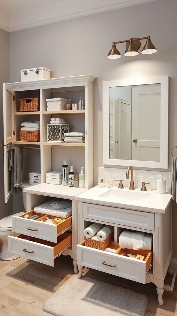 A stylish bathroom vanity unit with organized storage, featuring drawers and open shelving.