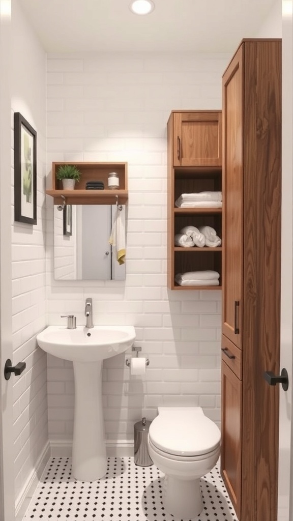 A small bathroom featuring a tall storage cabinet, floating shelves, and a clean aesthetic.