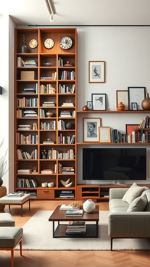 A stylish living room featuring tall bookcases and wall-mounted shelves for storage.