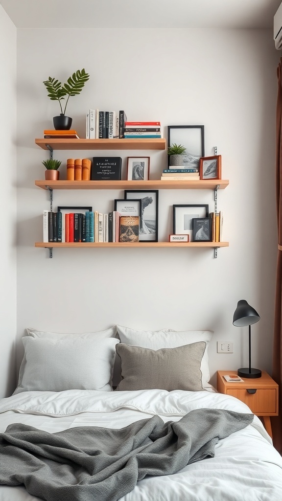 Cozy bedroom with a bed and stylish shelving above it, displaying books and decorative items.