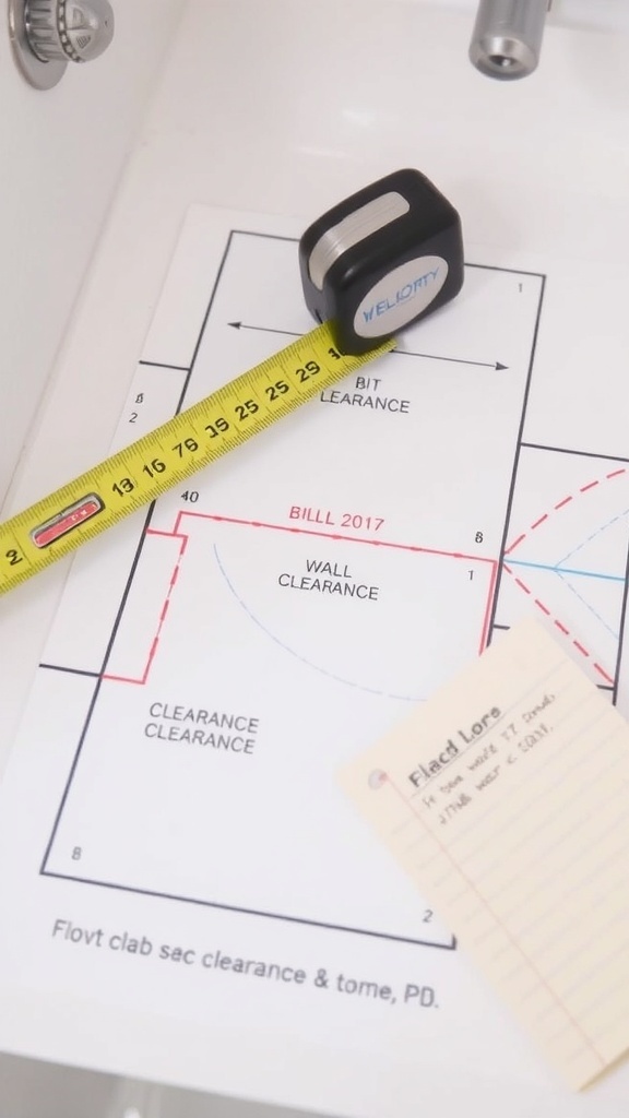 Measuring guide for bathroom space with a tape measure and notepad.