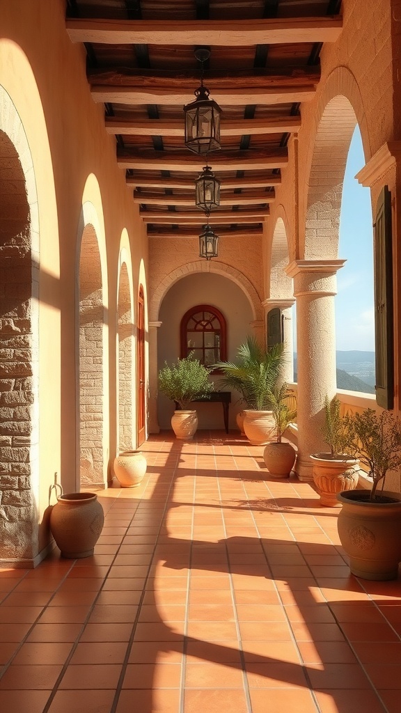 A Mediterranean-style corridor featuring arched doorways, terracotta tiles, and hanging lanterns.