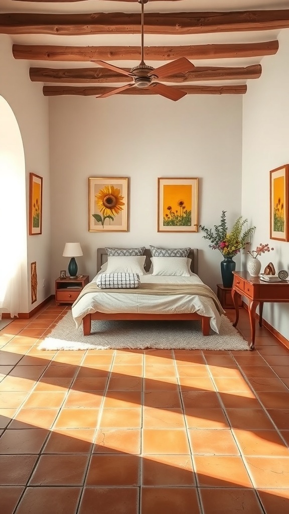 A cozy bedroom featuring terracotta flooring, yellow decor, and wooden beams.