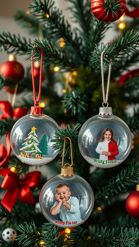 Three memory craft ornaments hanging on a Christmas tree, featuring children's photos and festive designs.