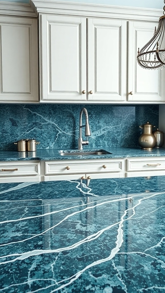 A kitchen featuring Lemurian Blue Granite countertops with white cabinetry and a modern faucet.