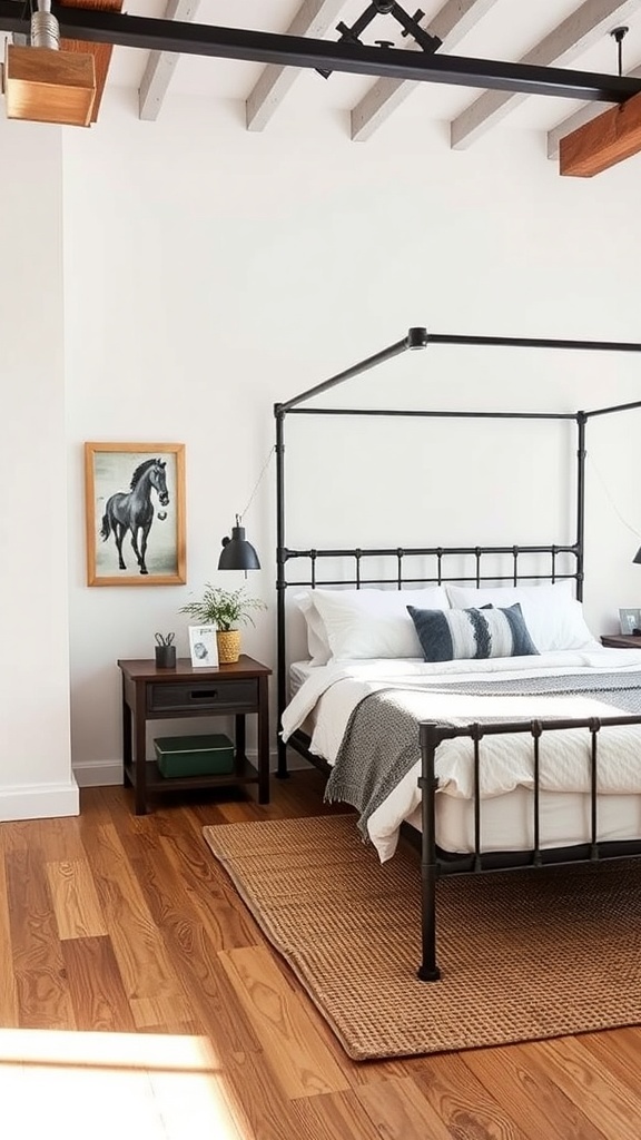 A stylish loft bedroom featuring a metal bed frame, wooden accents, and a warm color palette.