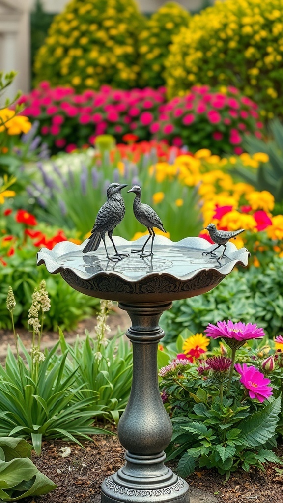 A metal bird bath with artistic bird sculptures surrounded by colorful flowers.