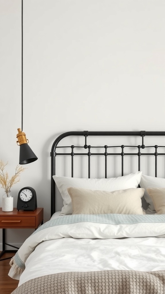 A modern bedroom featuring a black metal headboard, soft bedding, and a stylish pendant light.