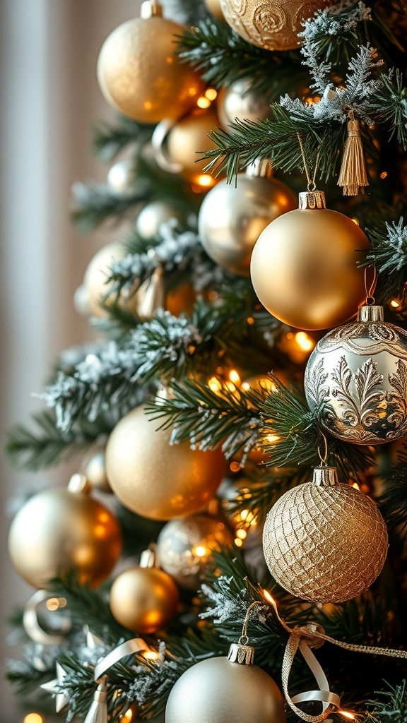 Close-up of a Christmas tree decorated with gold ornaments and lights.