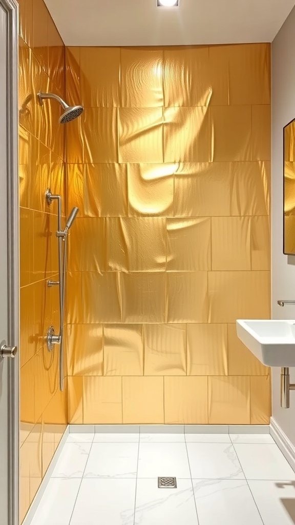 A bathroom with a shiny gold metallic accent wall, featuring a shower and a modern sink.