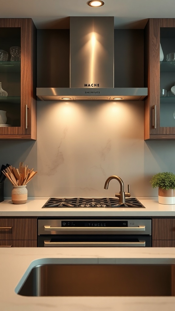 A modern kitchen featuring a metallic range hood and warm wood cabinetry.
